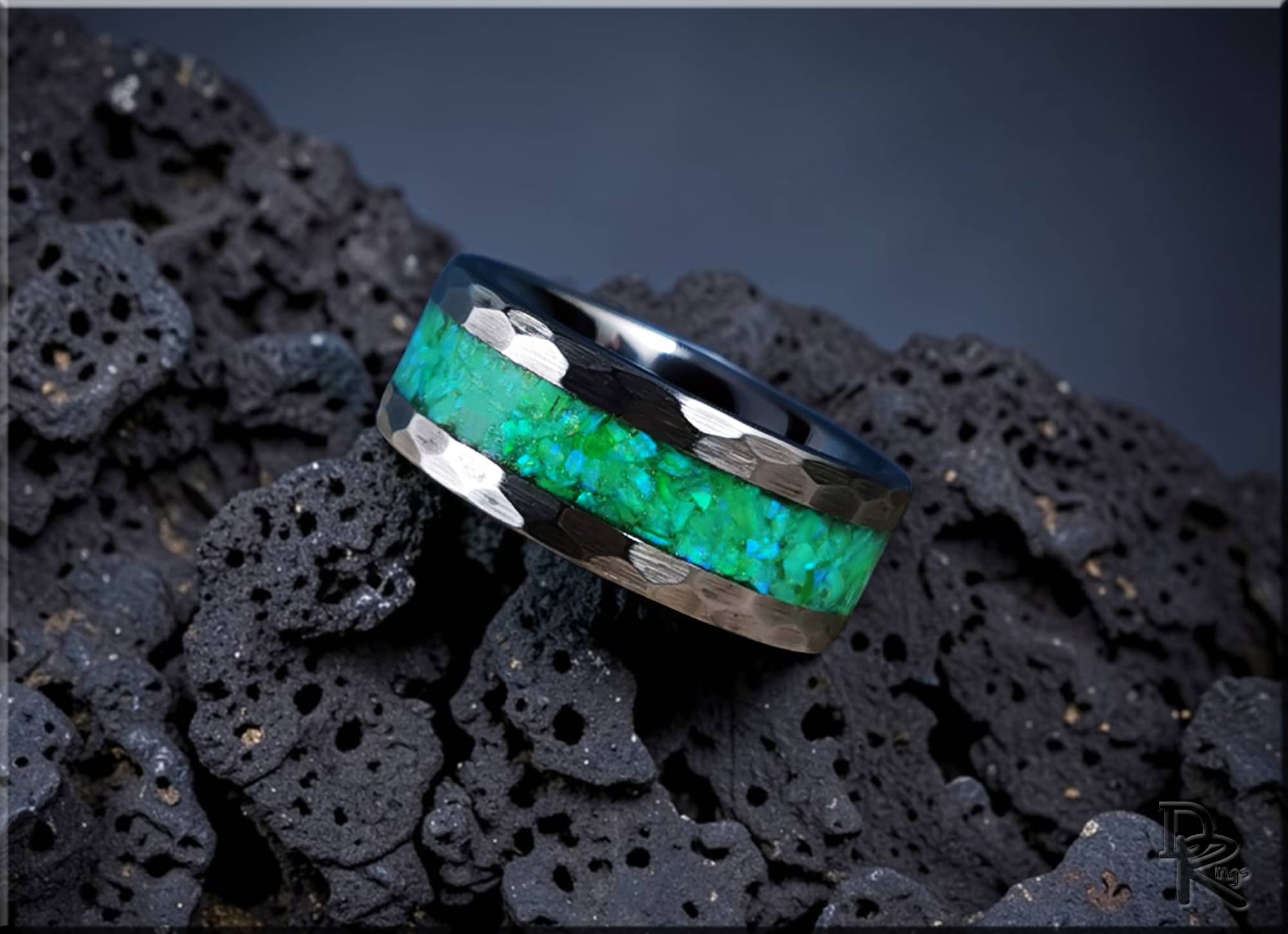 Hammered Tungsten Carbide Ring with Opal inlay