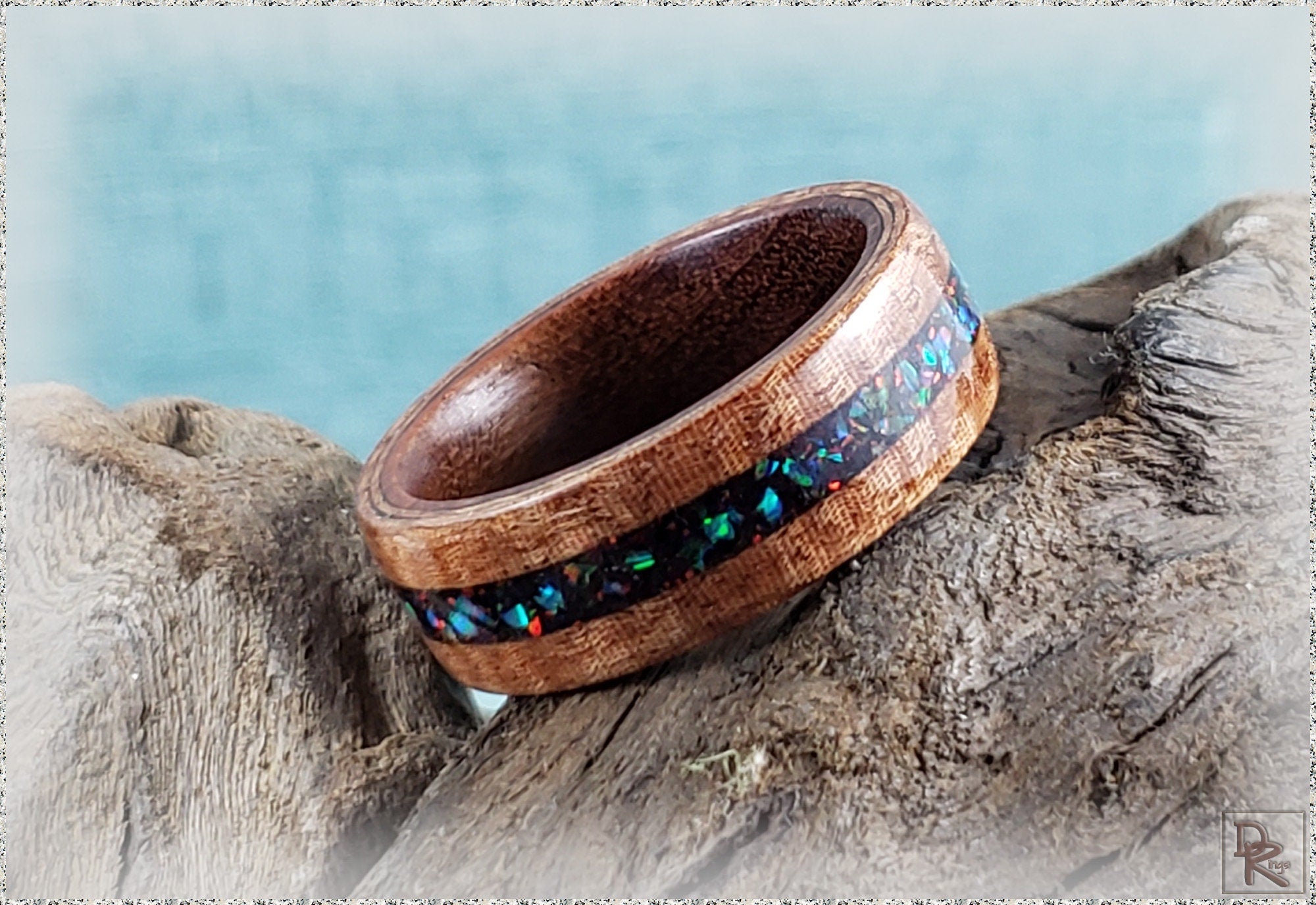 Bentwood Ring - Fiddleback Kotibe w/Opal inlay, on Kingwood core - wood ring