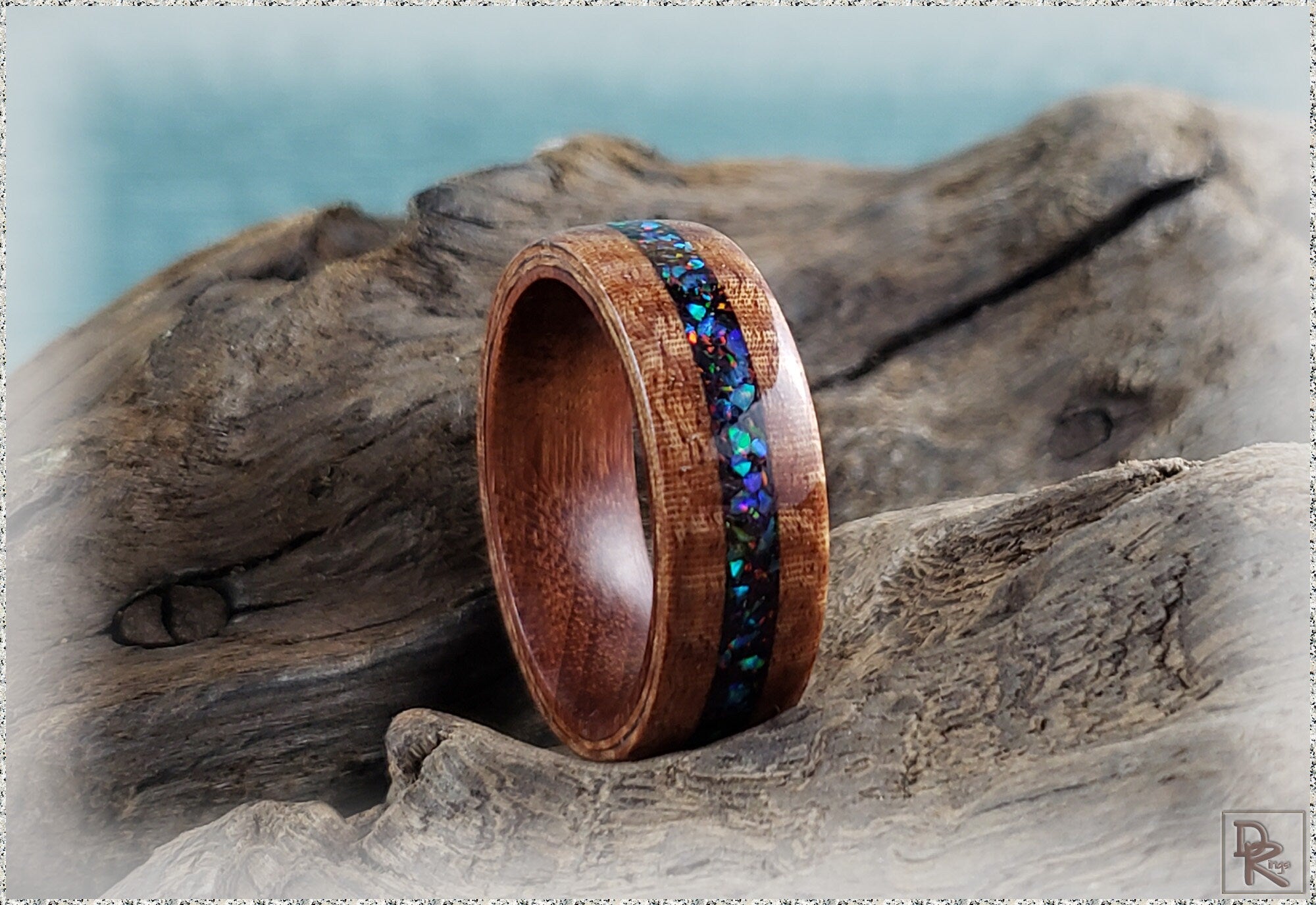 Bentwood Ring - Fiddleback Kotibe w/Opal inlay, on Kingwood core - wood ring