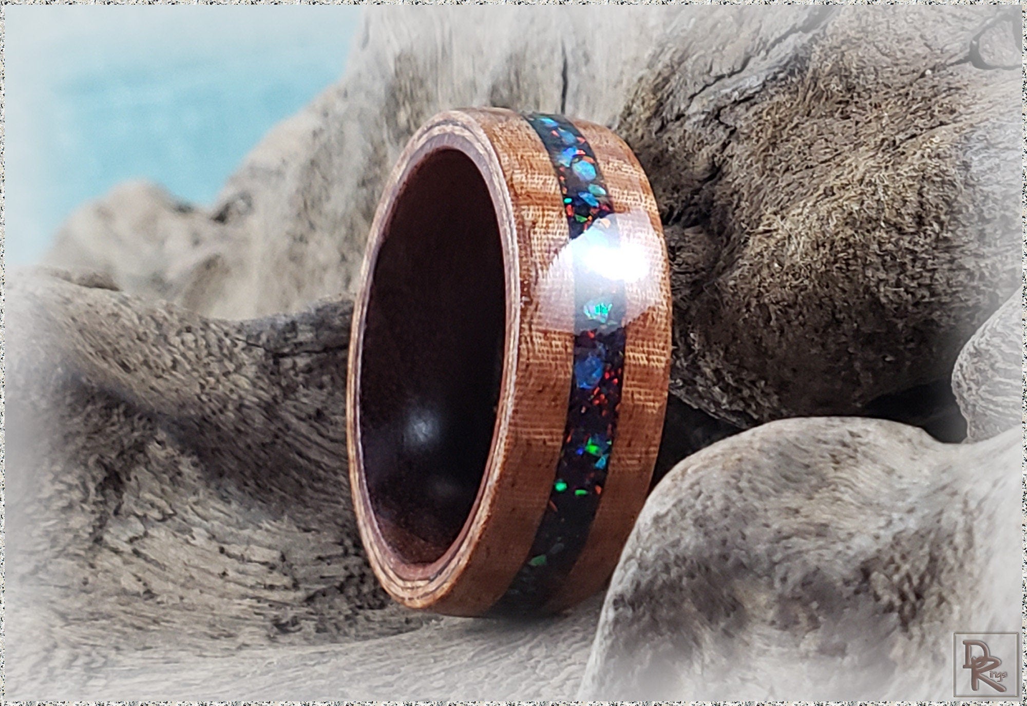Bentwood Ring - Fiddleback Kotibe w/Opal inlay, on Kingwood core - wood ring