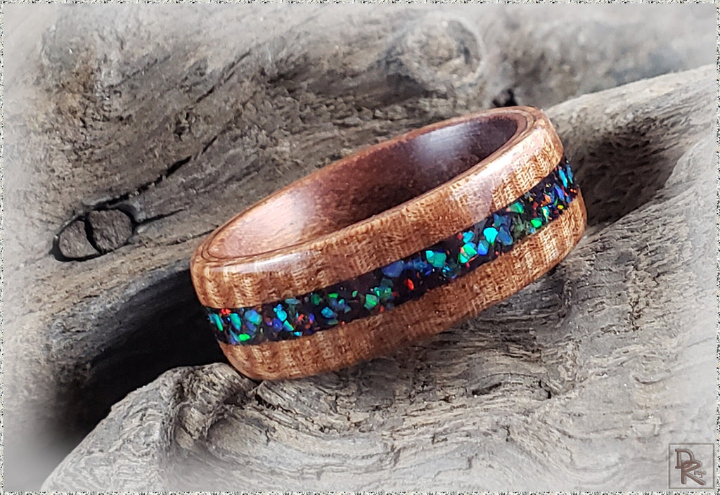 Bentwood Ring - Fiddleback Kotibe w/Opal inlay, on Kingwood core - wood ring