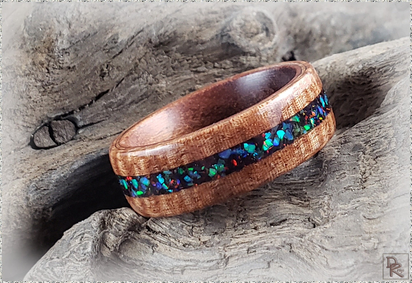 Bentwood Ring - Fiddleback Kotibe w/Opal inlay, on Kingwood core - wood ring