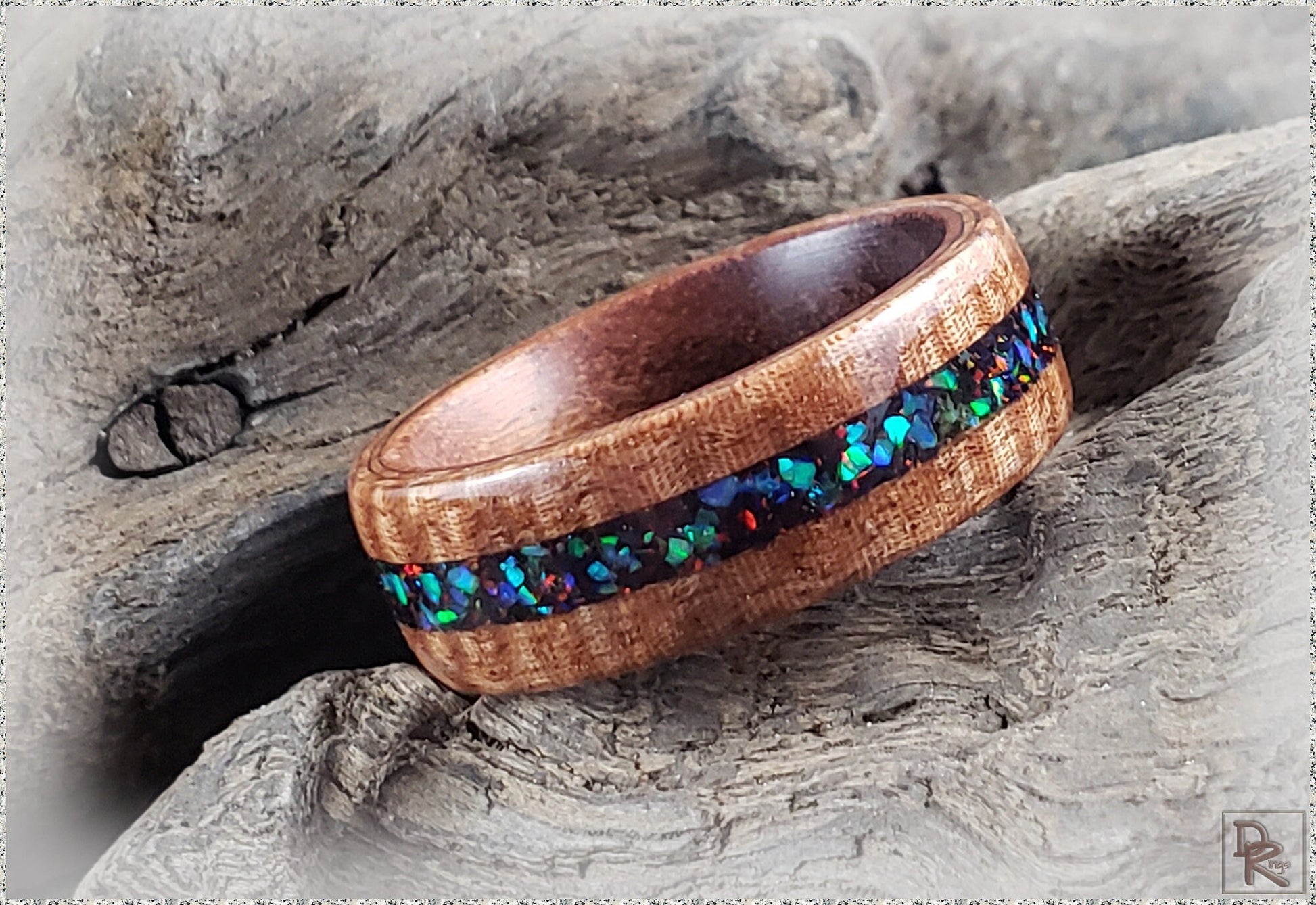 Bentwood Ring - Fiddleback Kotibe w/Opal inlay, on Kingwood core - wood ring