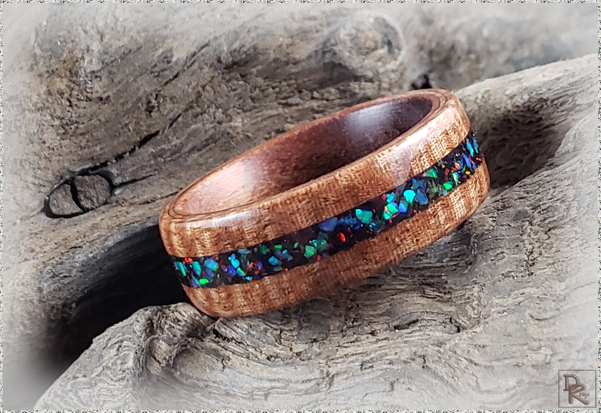 Bentwood Ring - Fiddleback Kotibe w/Opal inlay, on Kingwood core - wood ring