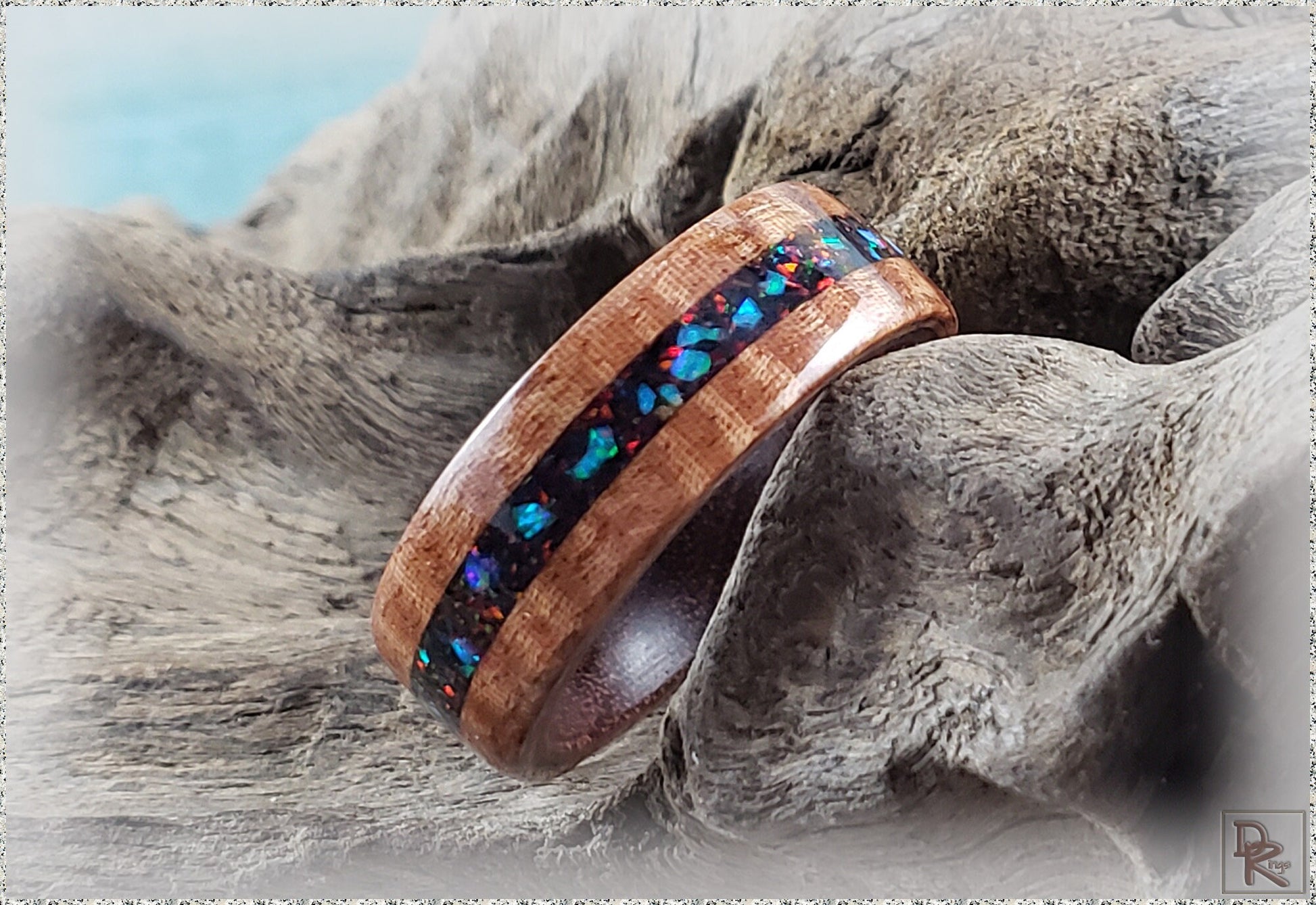 Bentwood Ring - Fiddleback Kotibe w/Opal inlay, on Kingwood core - wood ring
