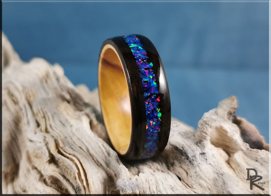 Bentwood Ring - Smoked Eucalyptus w/Starry Night Opal inlay, on Olivewood ring core - wood ring