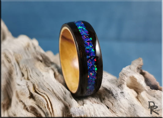Bentwood Ring - Smoked Eucalyptus w/Starry Night Opal inlay, on Olivewood ring core - wood ring