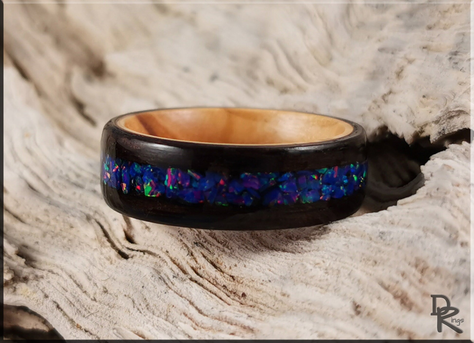Bentwood Ring - Smoked Eucalyptus w/Starry Night Opal inlay, on Olivewood ring core - wood ring