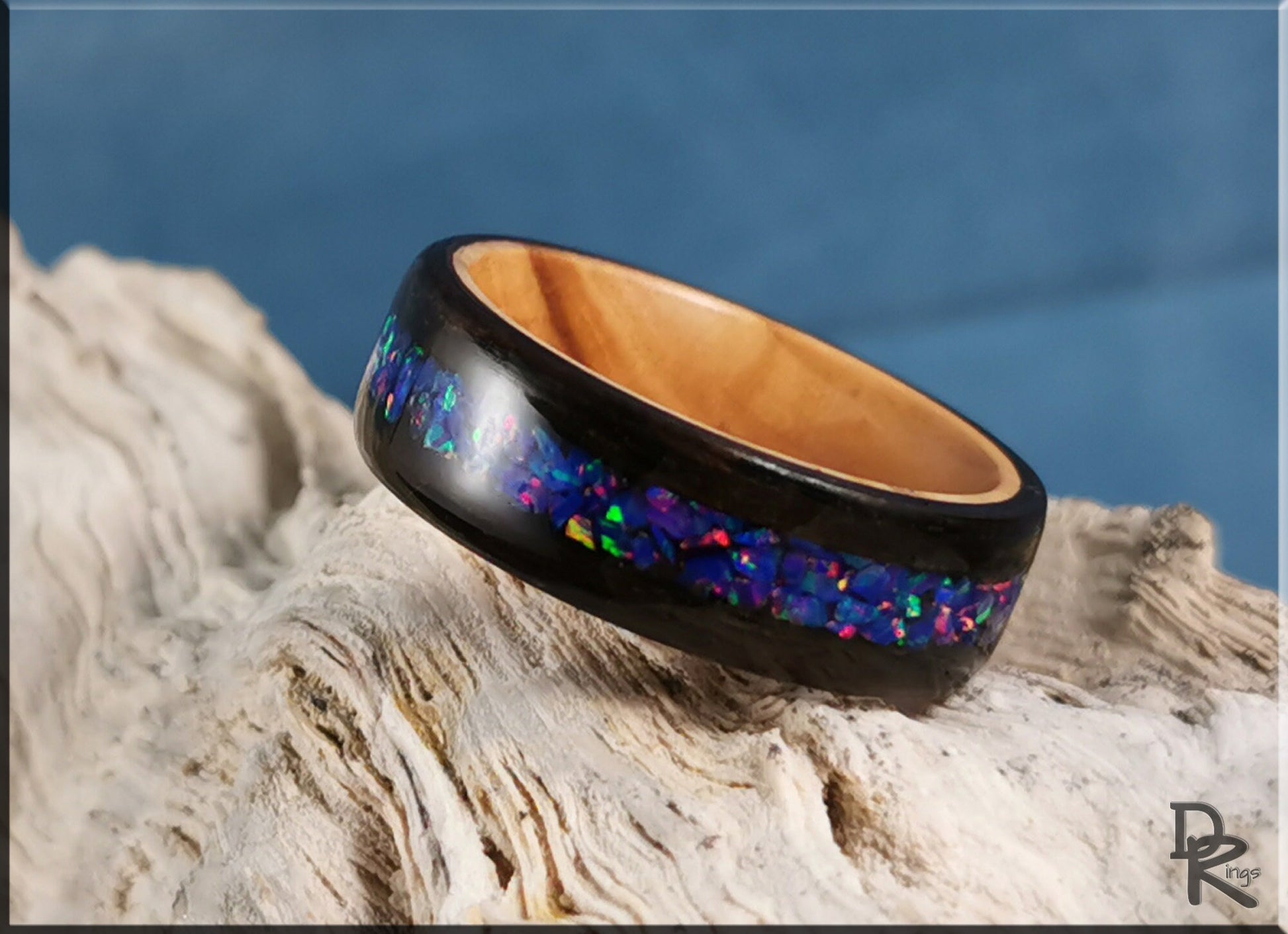 Bentwood Ring - Smoked Eucalyptus w/Starry Night Opal inlay, on Olivewood ring core - wood ring