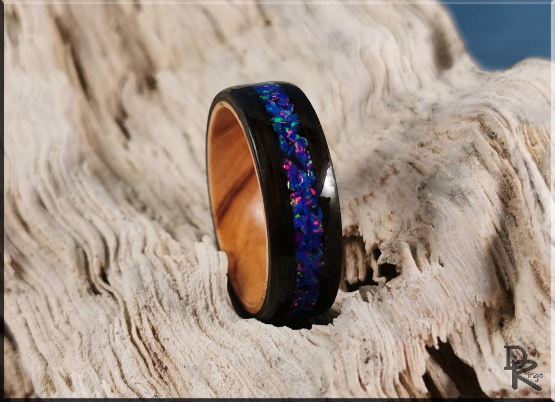 Bentwood Ring - Smoked Eucalyptus w/Starry Night Opal inlay, on Olivewood ring core - wood ring