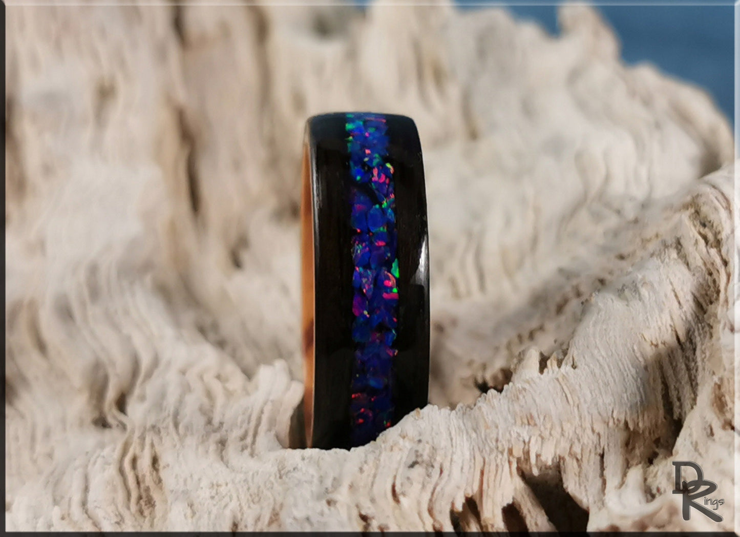 Bentwood Ring - Smoked Eucalyptus w/Starry Night Opal inlay, on Olivewood ring core - wood ring