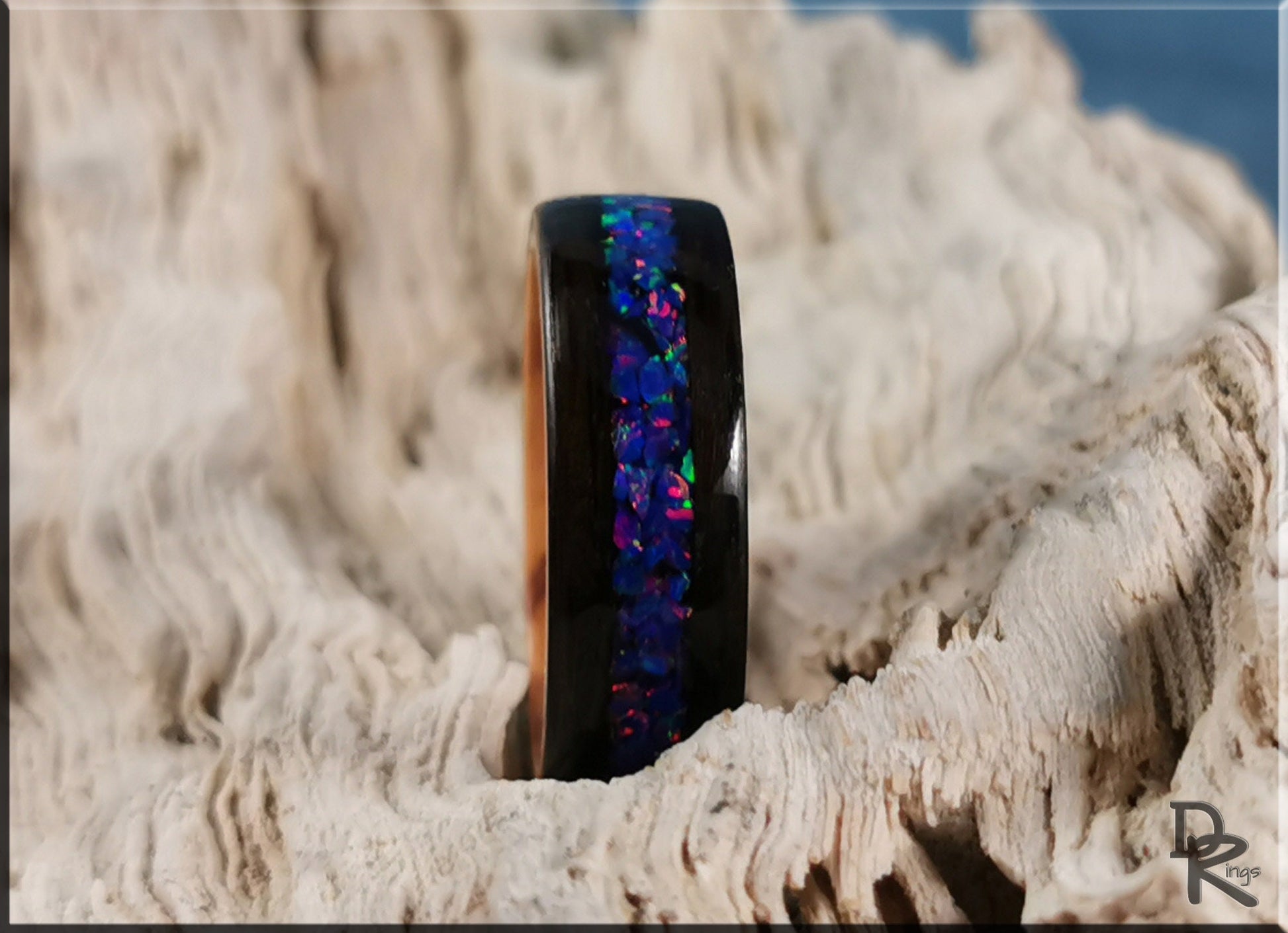 Bentwood Ring - Smoked Eucalyptus w/Starry Night Opal inlay, on Olivewood ring core - wood ring