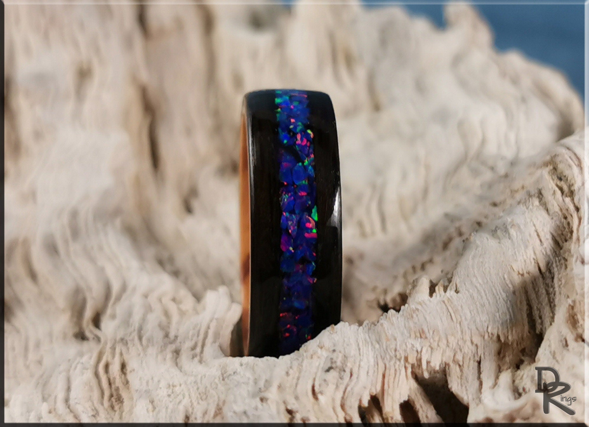 Bentwood Ring - Smoked Eucalyptus w/Starry Night Opal inlay, on Olivewood ring core - wood ring