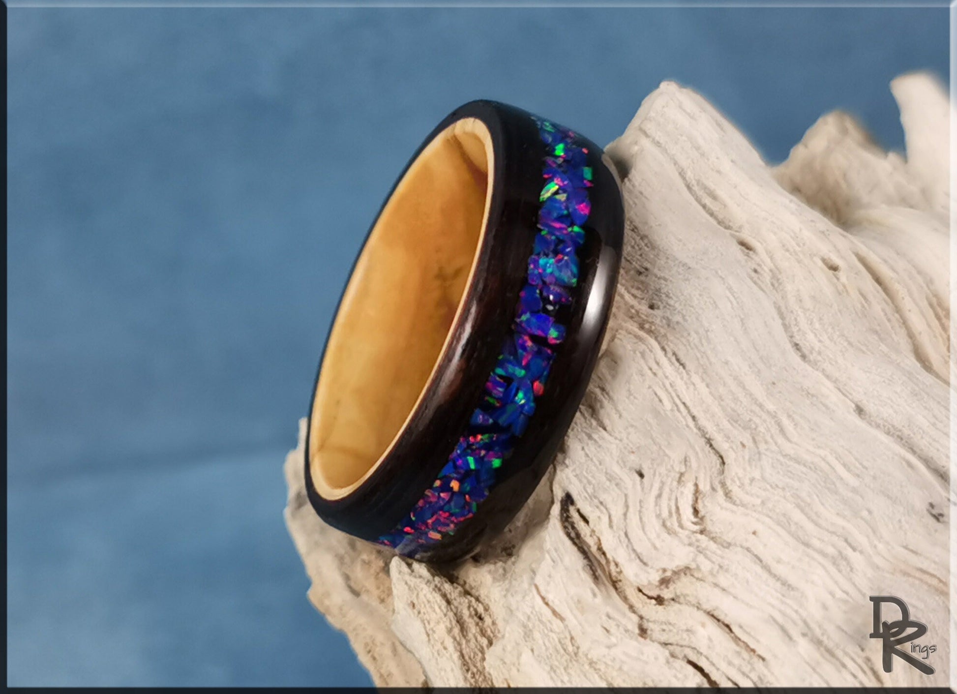 Bentwood Ring - Smoked Eucalyptus w/Starry Night Opal inlay, on Olivewood ring core - wood ring