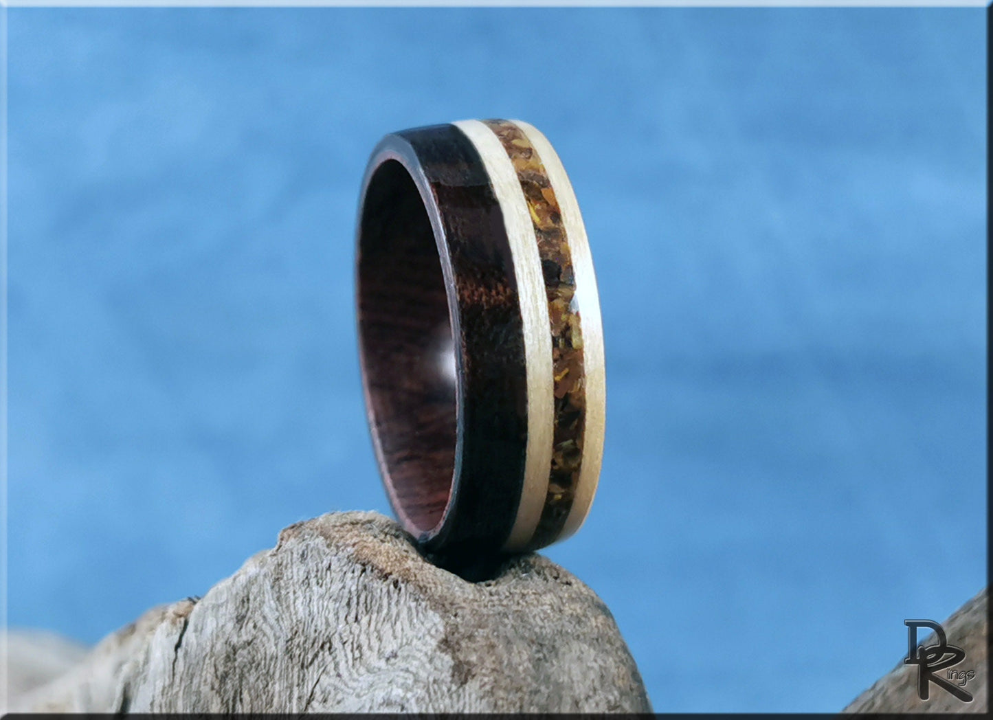 Bentwood Ring - Figured Etimoe and Maple w/Tiger's Eye inlay, on Ironwood ring core - wood ring