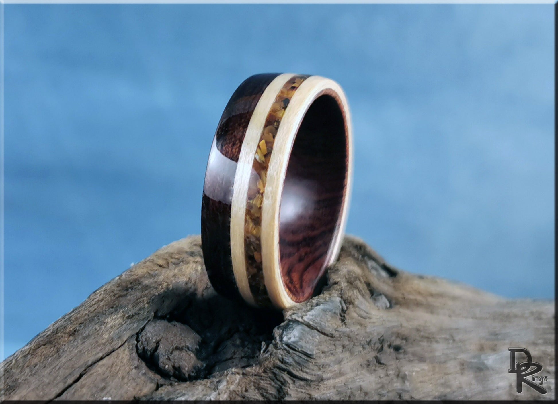 Bentwood Ring - Figured Etimoe and Maple w/Tiger's Eye inlay, on Ironwood ring core - wood ring