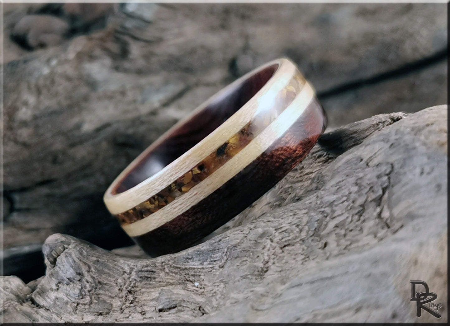 Bentwood Ring - Figured Etimoe and Maple w/Tiger's Eye inlay, on Ironwood ring core - wood ring