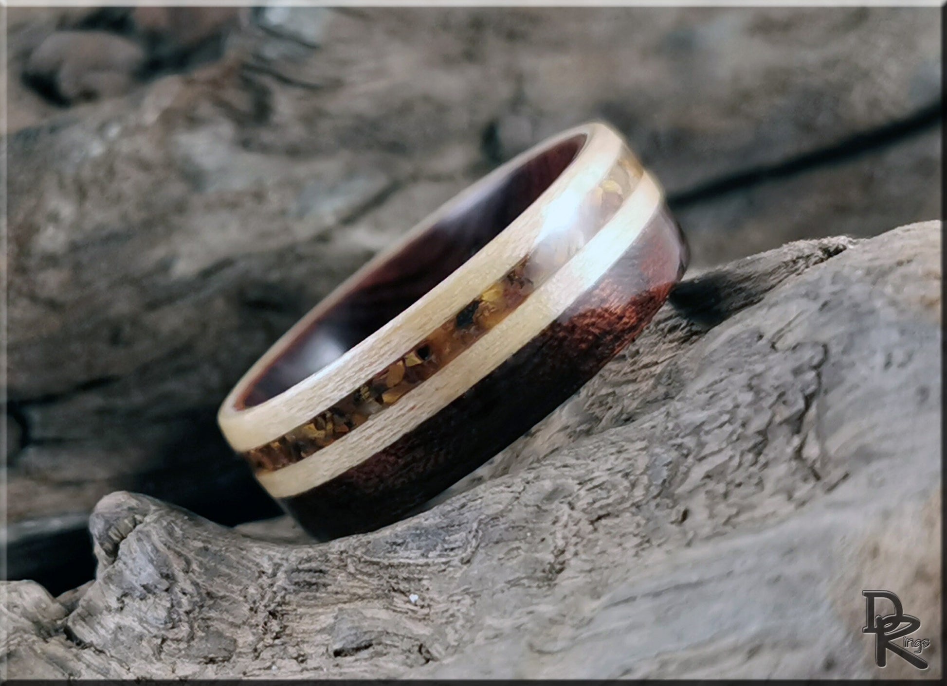 Bentwood Ring - Figured Etimoe and Maple w/Tiger's Eye inlay, on Ironwood ring core - wood ring