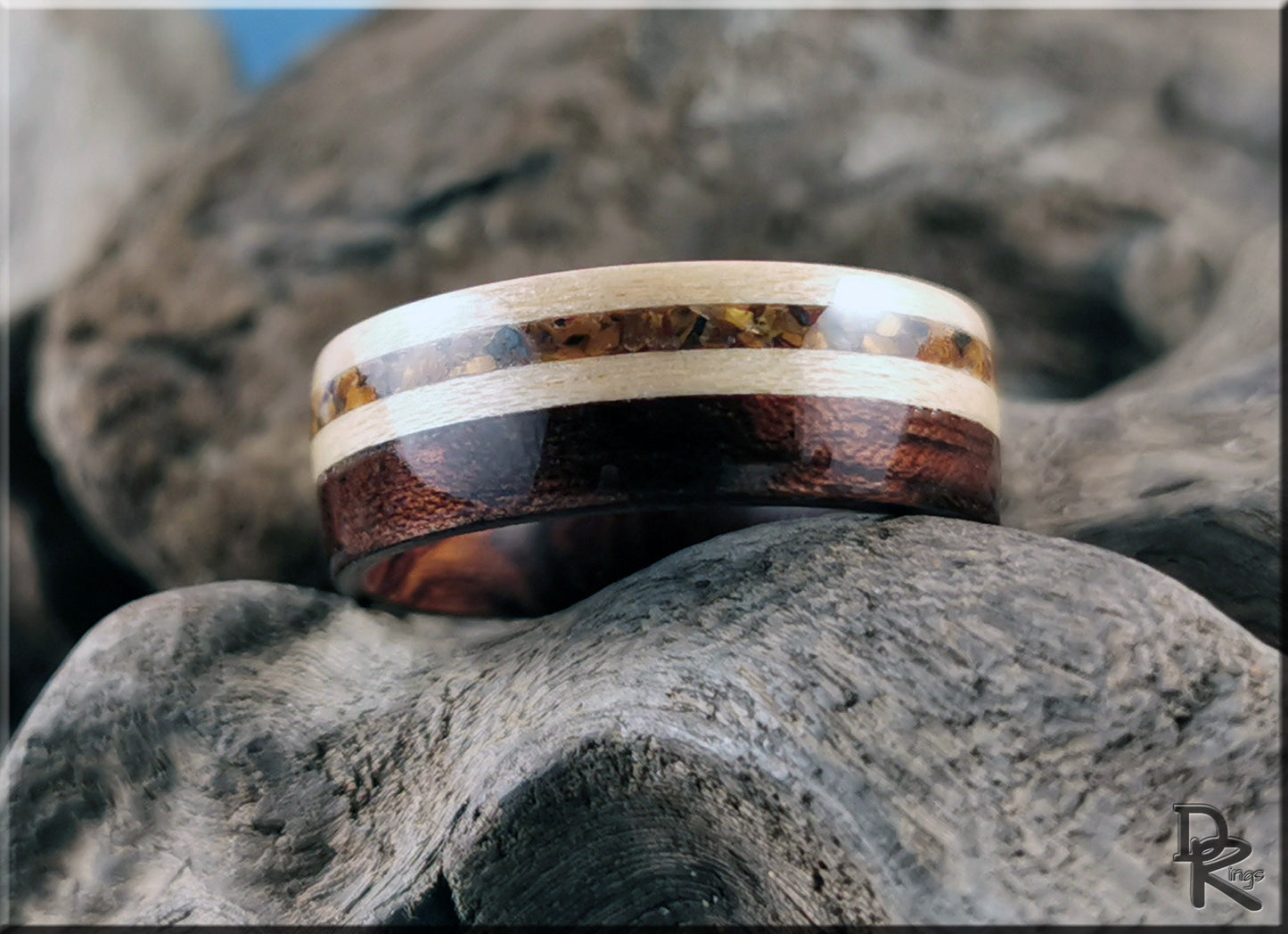 Bentwood Ring - Figured Etimoe and Maple w/Tiger's Eye inlay, on Ironwood ring core - wood ring