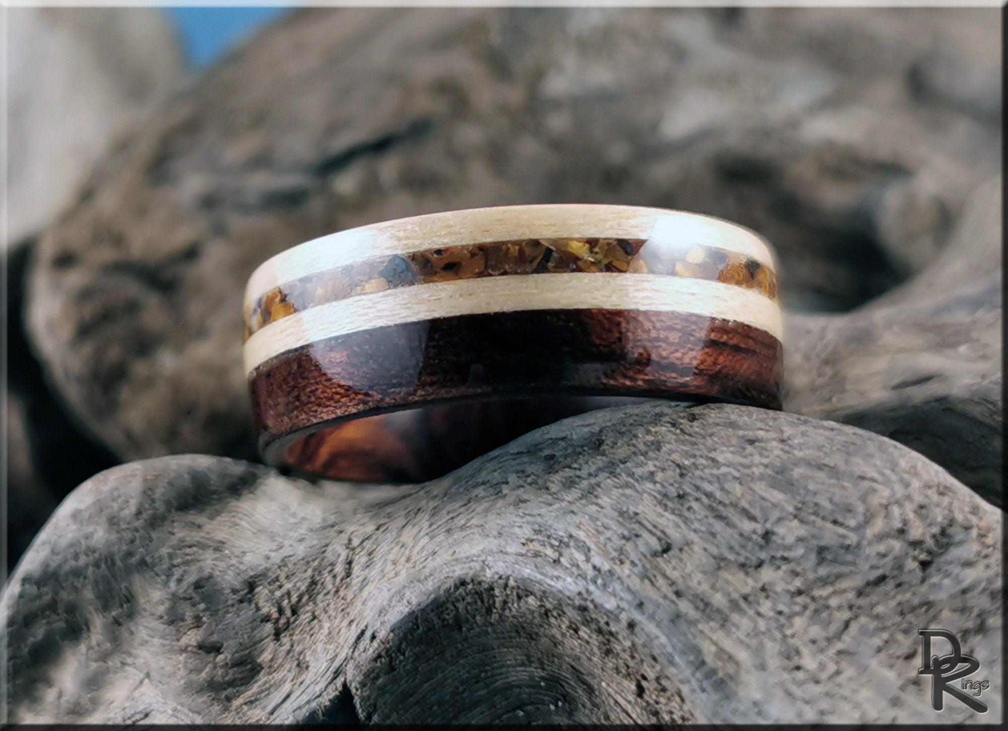 Bentwood Ring - Figured Etimoe and Maple w/Tiger's Eye inlay, on Ironwood ring core - wood ring