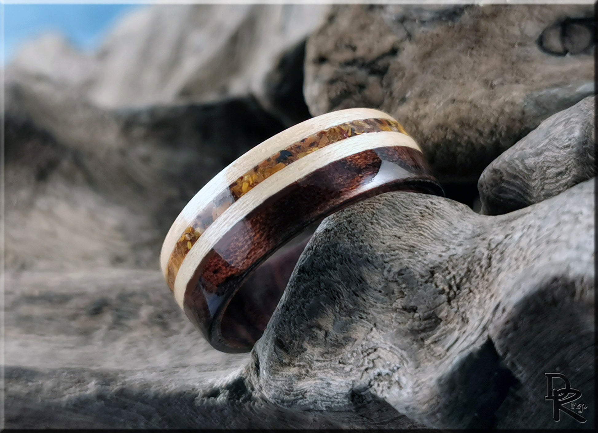 Bentwood Ring - Figured Etimoe and Maple w/Tiger's Eye inlay, on Ironwood ring core - wood ring