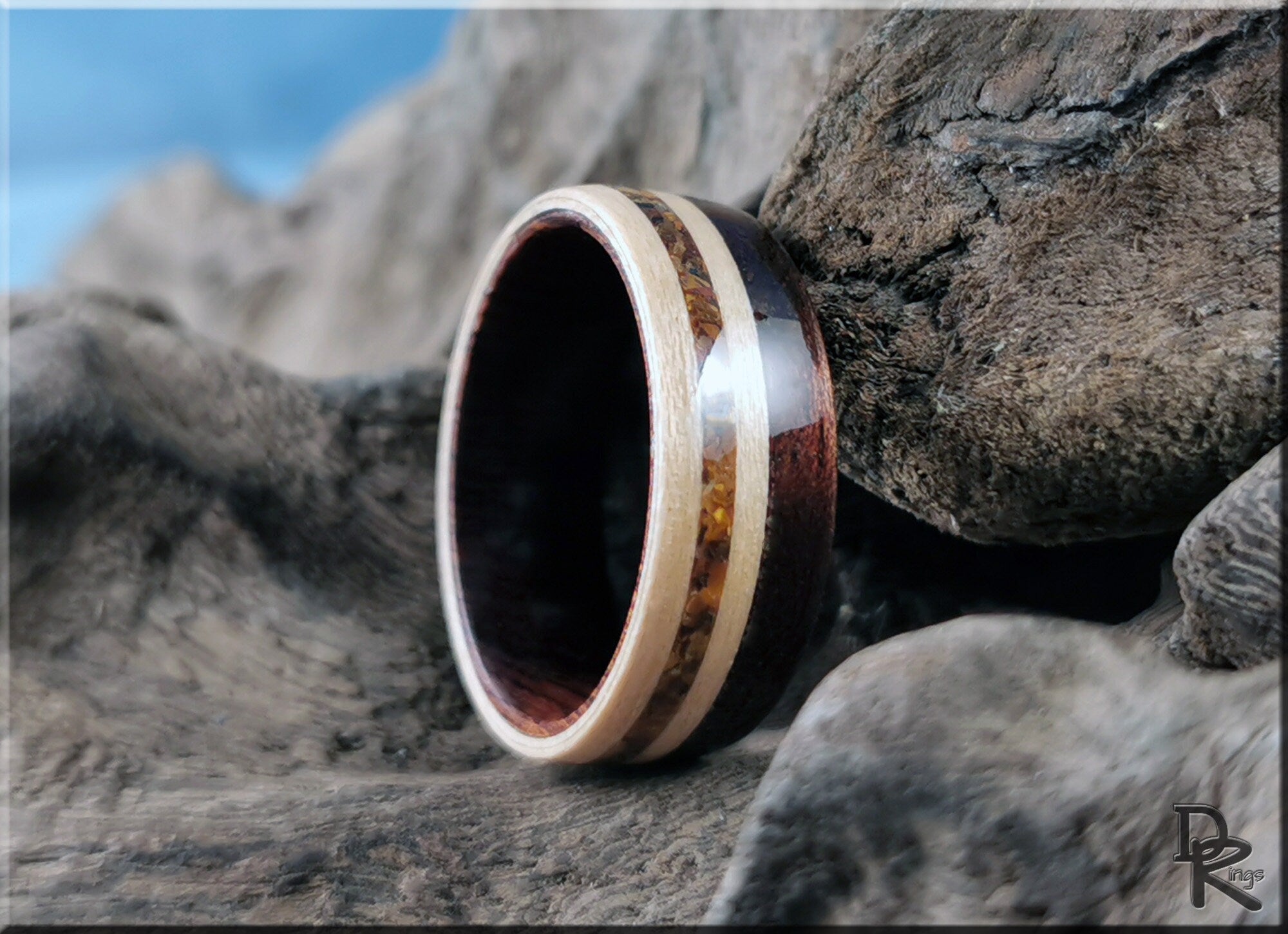 Bentwood Ring - Figured Etimoe and Maple w/Tiger's Eye inlay, on Ironwood ring core - wood ring