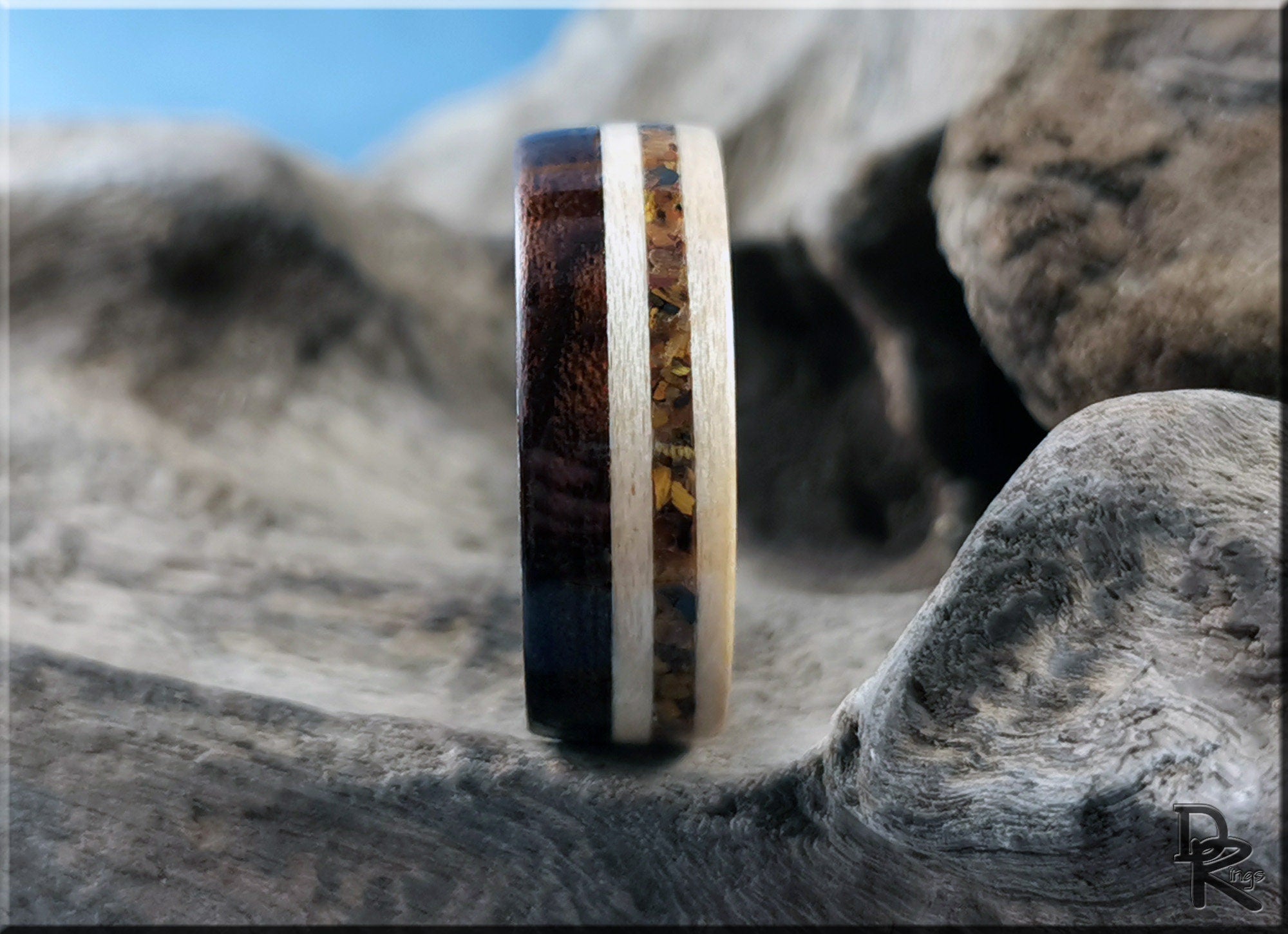 Bentwood Ring - Figured Etimoe and Maple w/Tiger's Eye inlay, on Ironwood ring core - wood ring