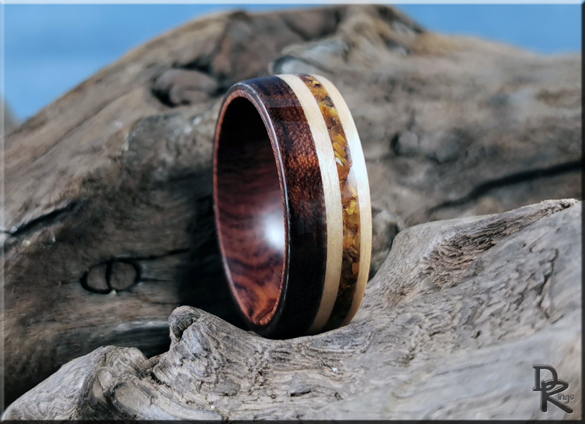 Bentwood Ring - Figured Etimoe and Maple w/Tiger's Eye inlay, on Ironwood ring core - wood ring