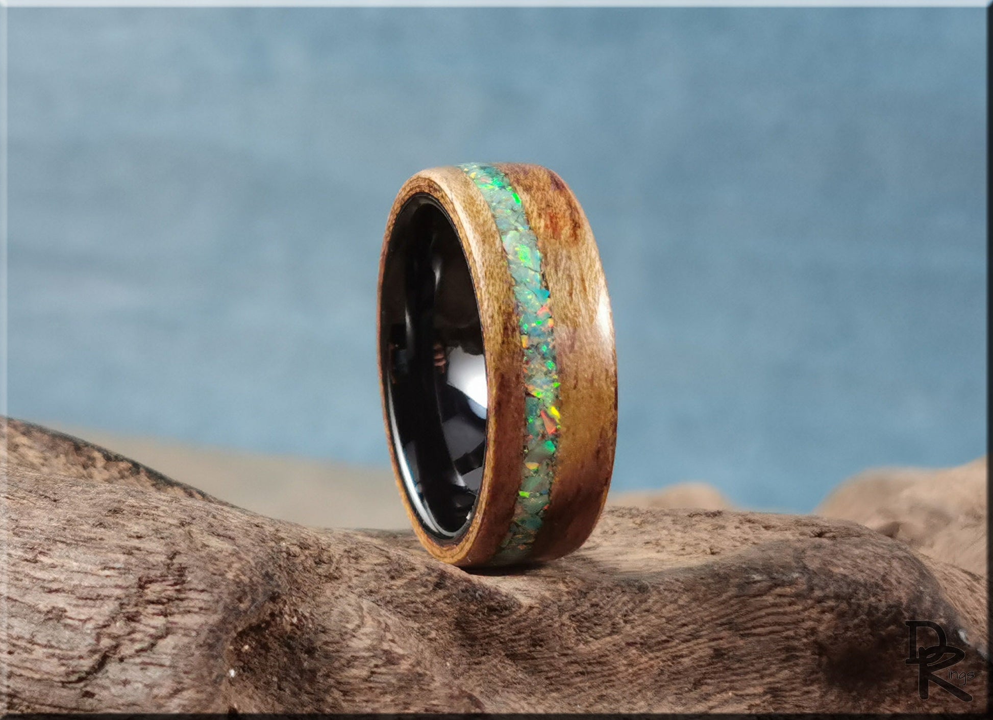 Bentwood Ring - Tiger Etimoe w/offset Opal inlay, on polished black ceramic ring core - wood ring