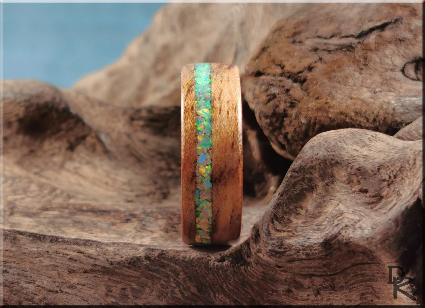 Bentwood Ring - Tiger Etimoe w/offset Opal inlay, on polished black ceramic ring core - wood ring