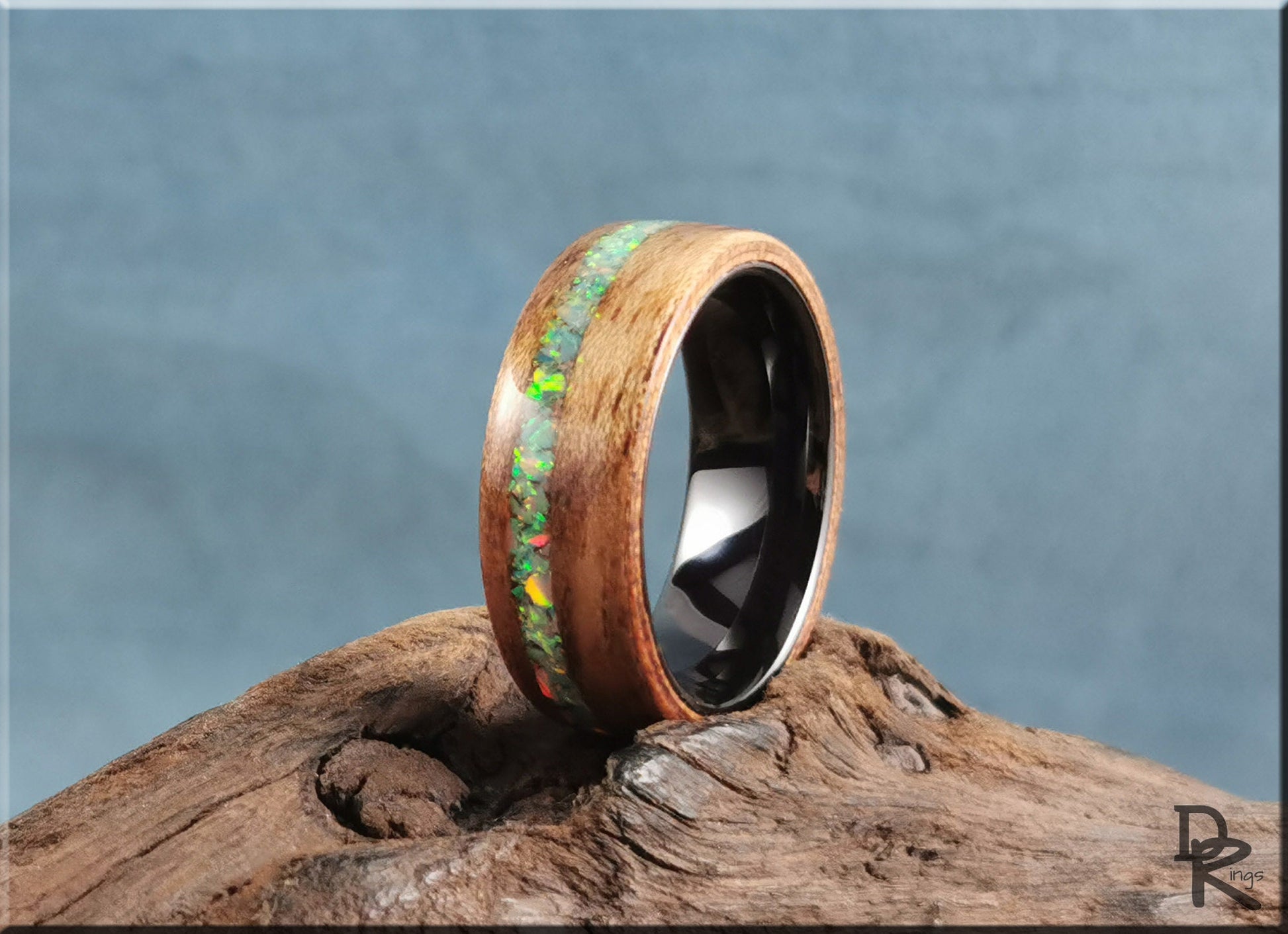Bentwood Ring - Tiger Etimoe w/offset Opal inlay, on polished black ceramic ring core - wood ring