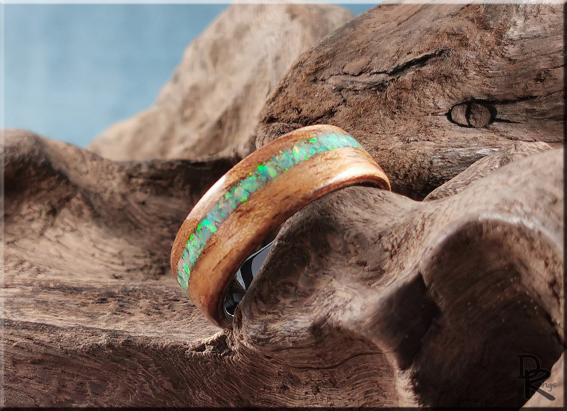 Bentwood Ring - Tiger Etimoe w/offset Opal inlay, on polished black ceramic ring core - wood ring