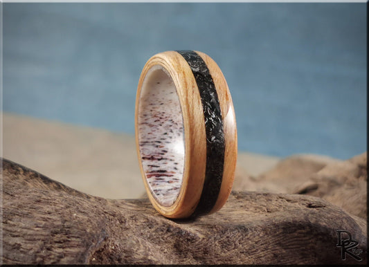 Bentwood Ring - Hickory w/Glorieta Mountain Meteorite inlay on Deer Antler ring core - wood ring