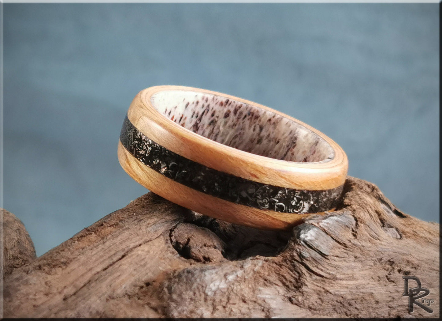 Bentwood Ring - Hickory w/Glorieta Mountain Meteorite inlay on Deer Antler ring core - wood ring