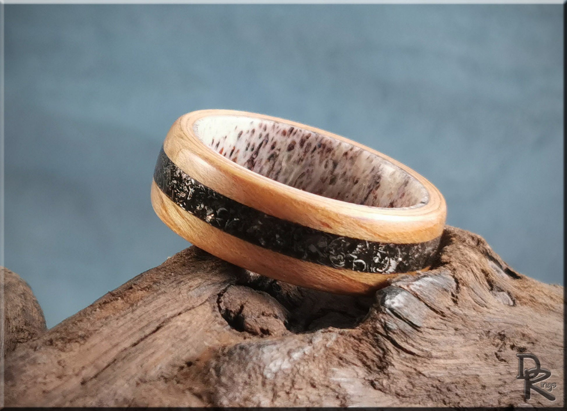 Bentwood Ring - Hickory w/Glorieta Mountain Meteorite inlay on Deer Antler ring core - wood ring