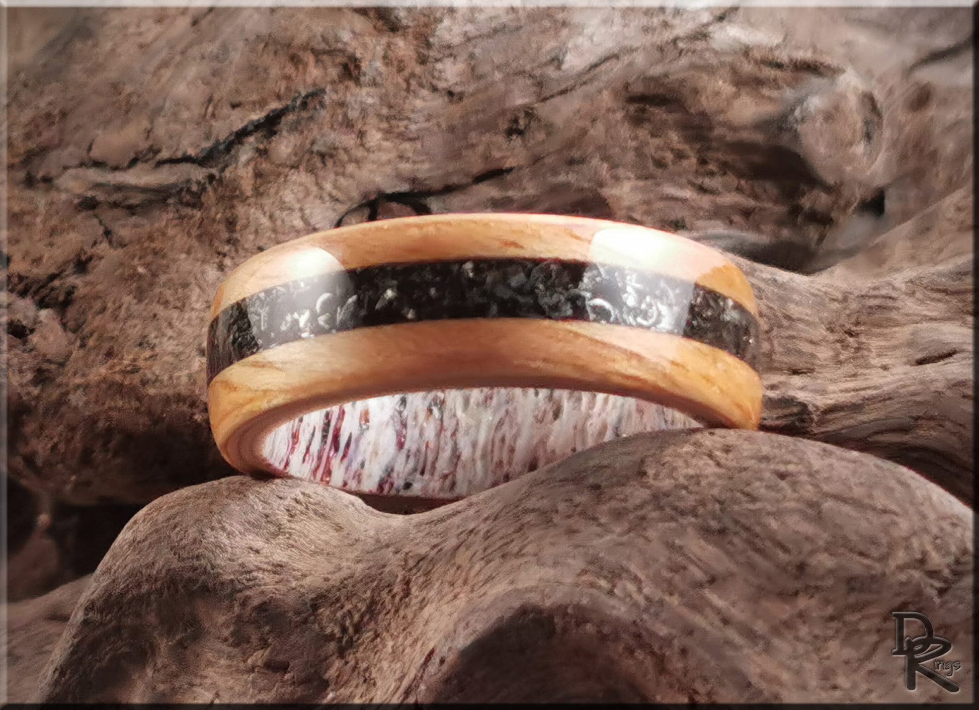 Bentwood Ring - Hickory w/Glorieta Mountain Meteorite inlay on Deer Antler ring core - wood ring