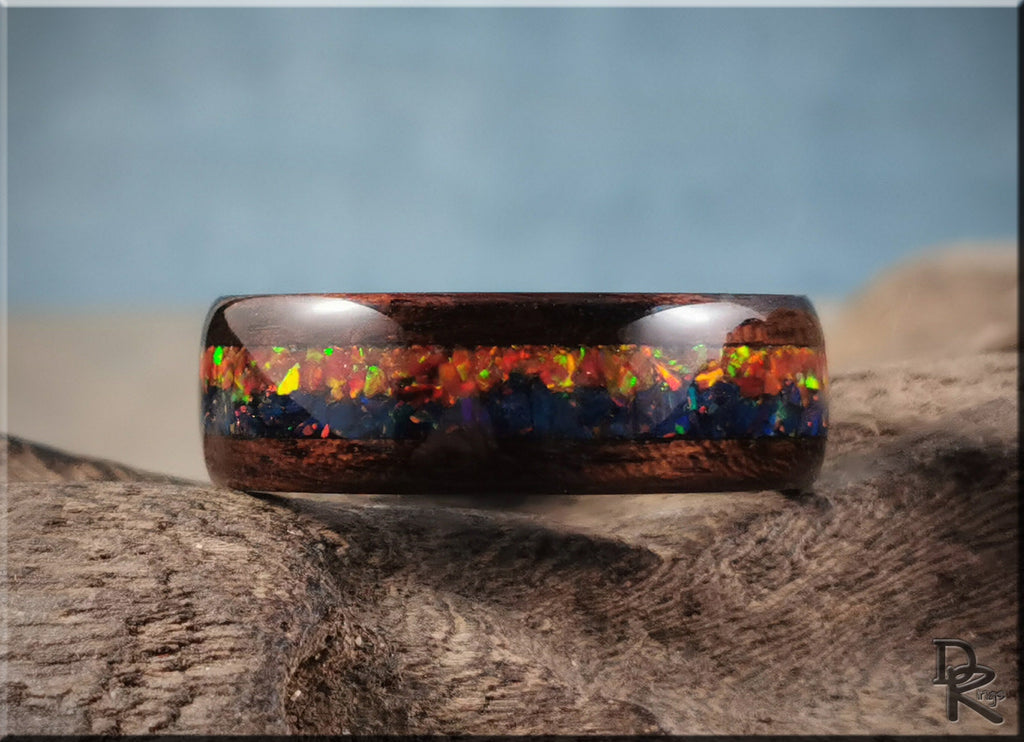 Bentwood Ring 'Indigo Sunset' - Smoked Etimoe w/Dual Opal inlay, on polished black ceramic ring core - wood ring