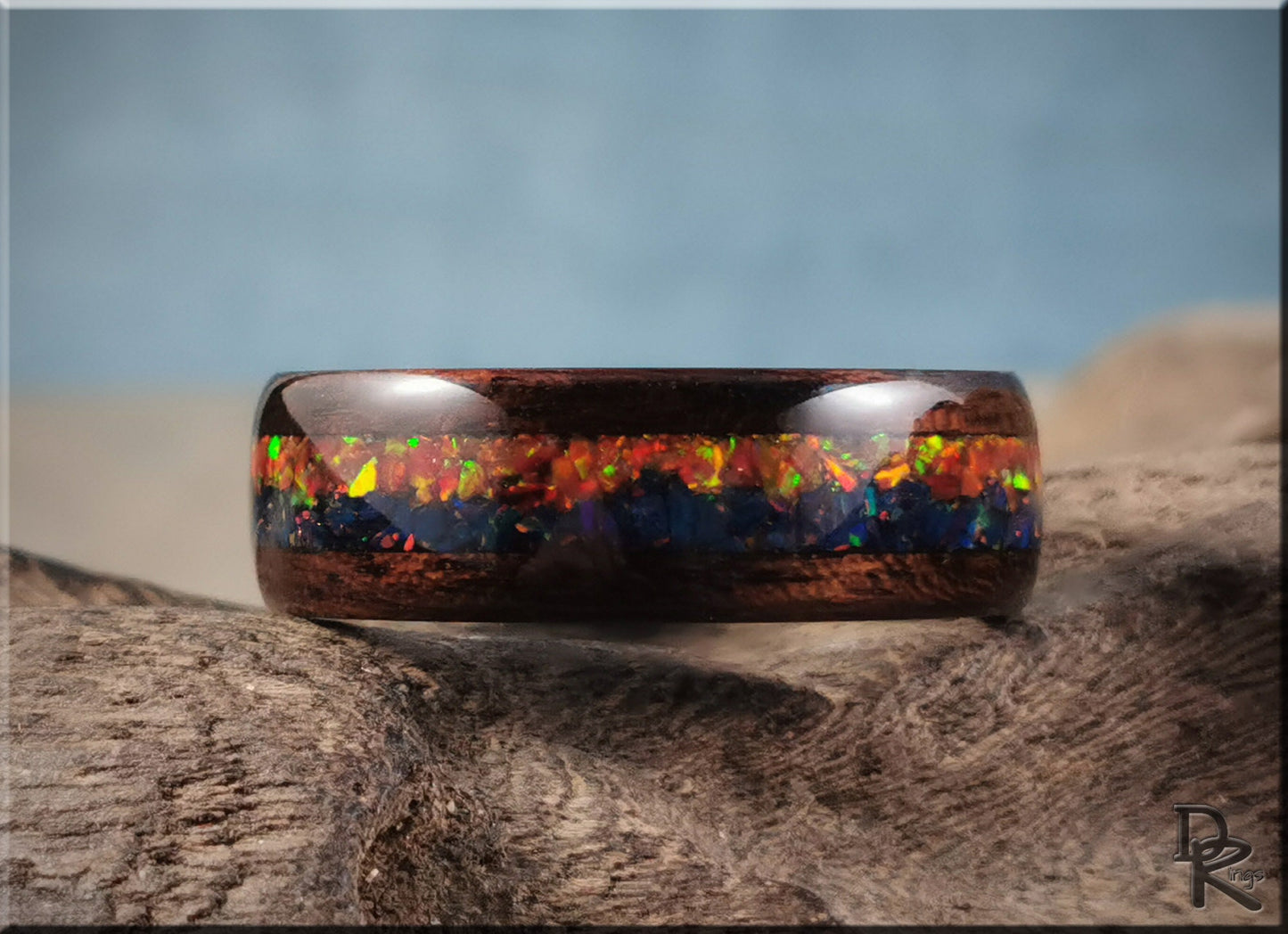 Bentwood Ring 'Indigo Sunset' - Smoked Etimoe w/Dual Opal inlay, on polished black ceramic ring core - wood ring