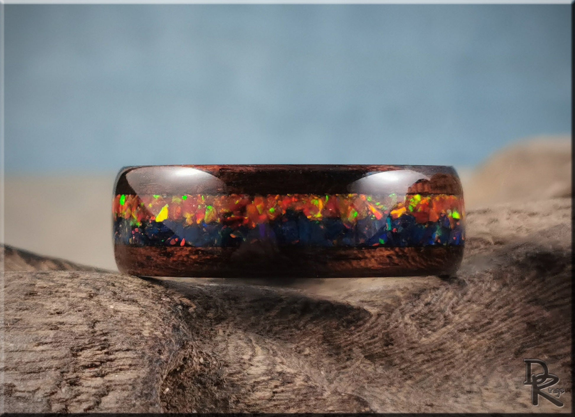 Bentwood Ring 'Indigo Sunset' - Smoked Etimoe w/Dual Opal inlay, on polished black ceramic ring core - wood ring