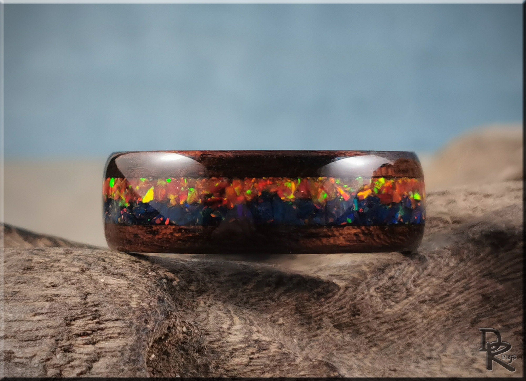 Bentwood Ring 'Indigo Sunset' - Smoked Etimoe w/Dual Opal inlay, on polished black ceramic ring core - wood ring