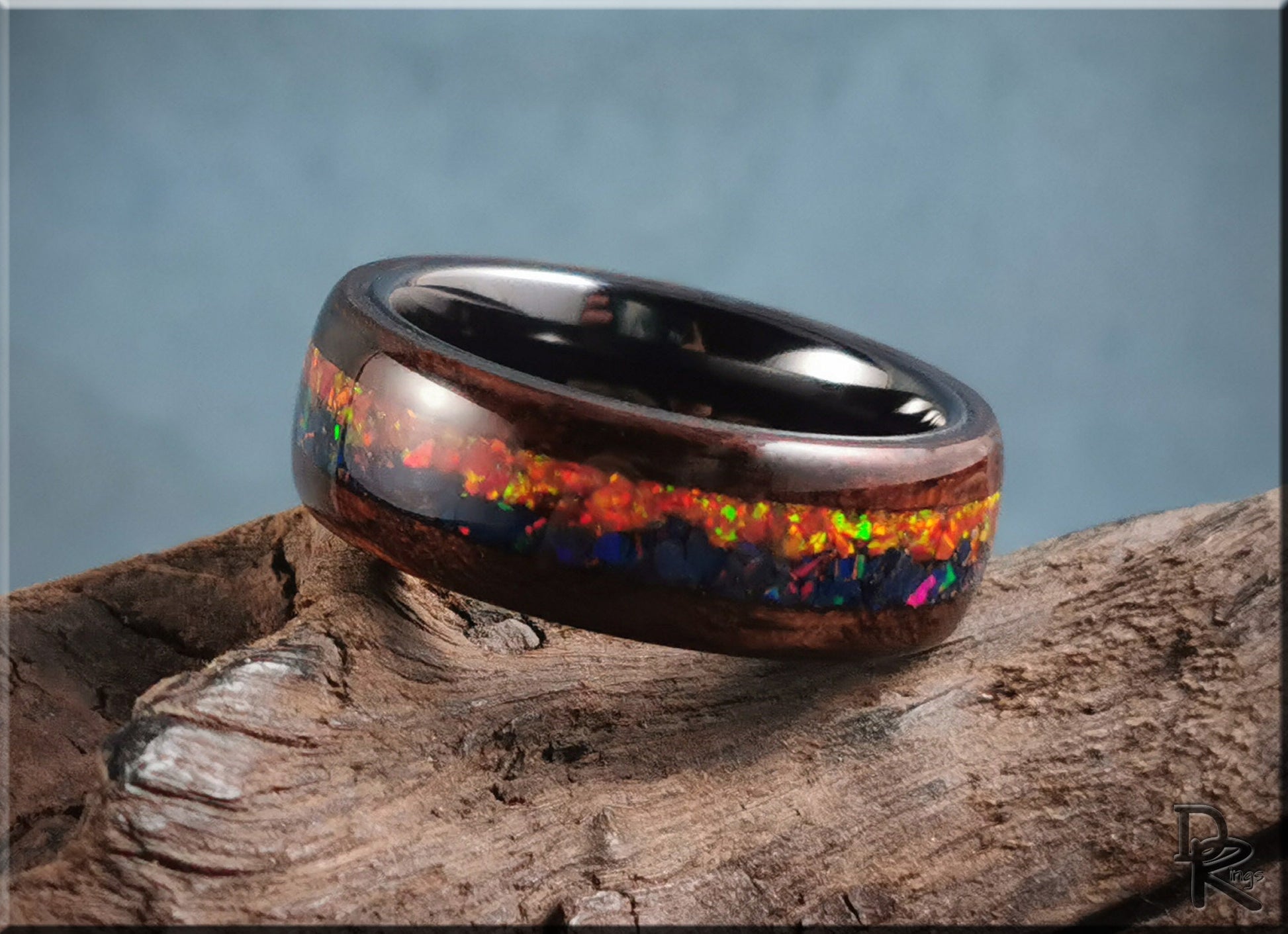 Bentwood Ring 'Indigo Sunset' - Smoked Etimoe w/Dual Opal inlay, on polished black ceramic ring core - wood ring
