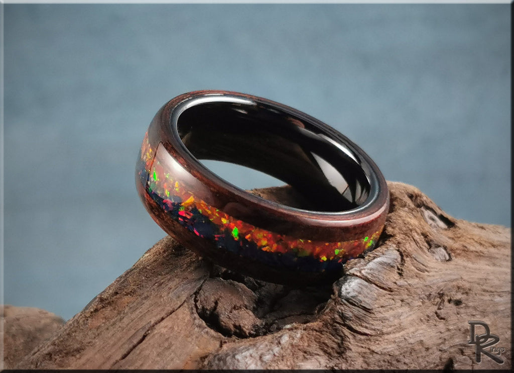 Bentwood Ring 'Indigo Sunset' - Smoked Etimoe w/Dual Opal inlay, on polished black ceramic ring core - wood ring