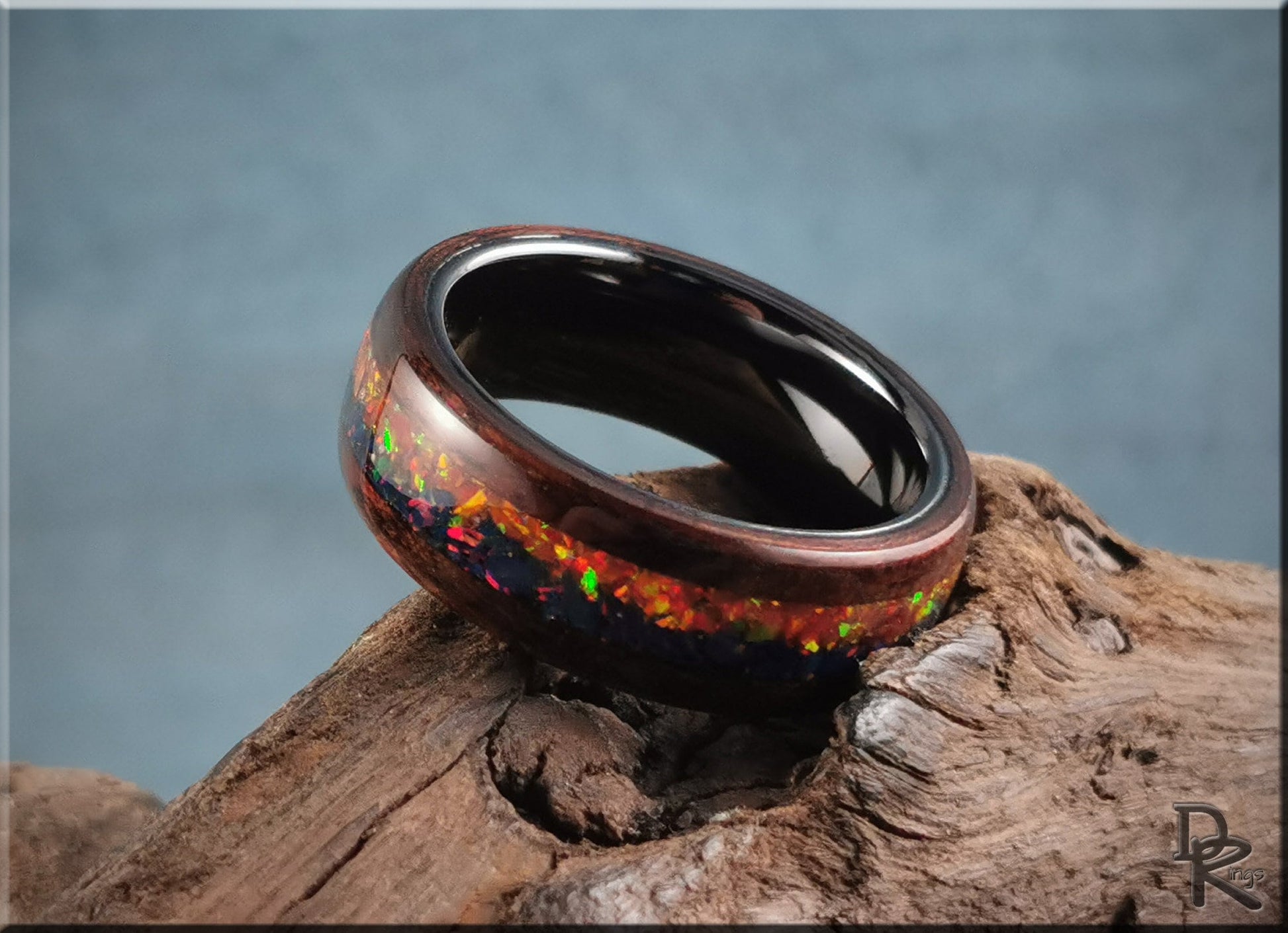 Bentwood Ring 'Indigo Sunset' - Smoked Etimoe w/Dual Opal inlay, on polished black ceramic ring core - wood ring