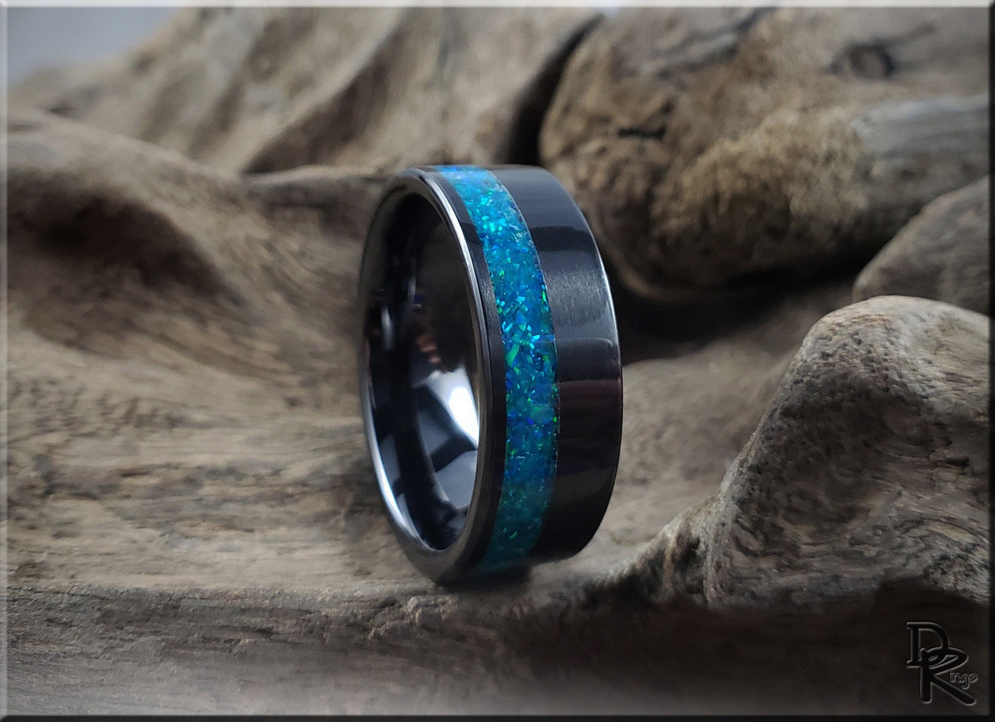 Black Ceramic 8mm Offset Channel Ring w/Opal inlay - ceramic ring