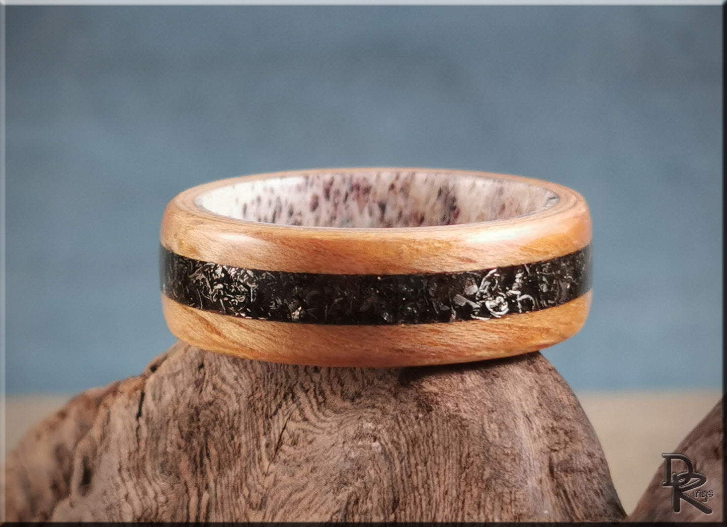 Bentwood Ring - Hickory w/Glorieta Mountain Meteorite inlay on Deer Antler ring core - wood ring