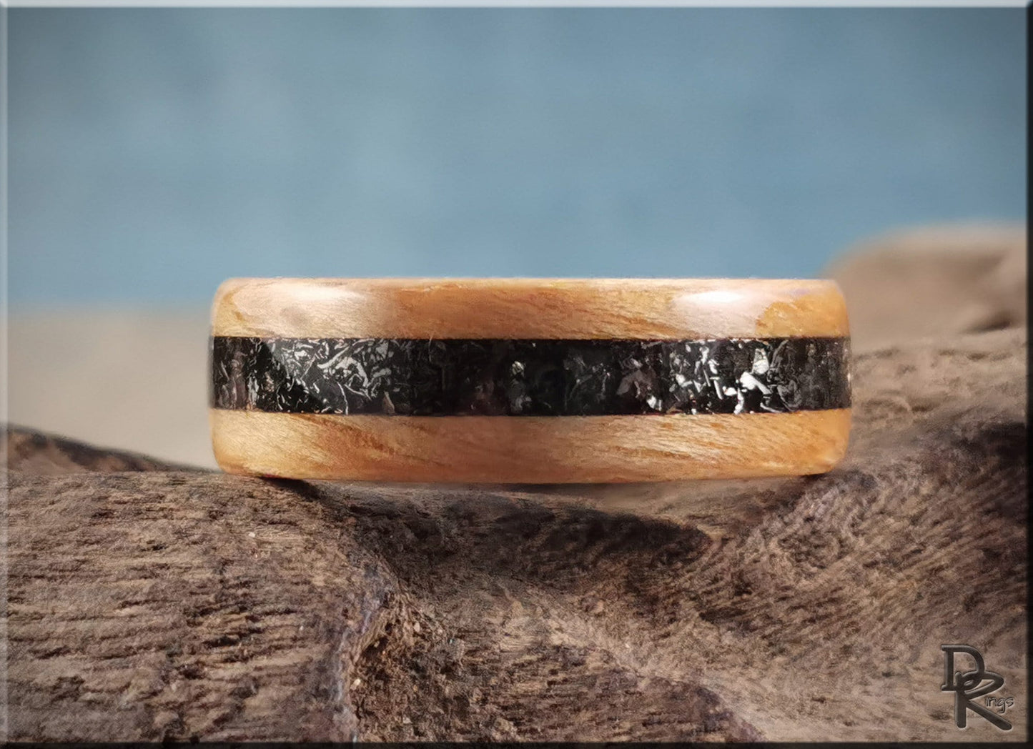 Bentwood Ring - Hickory w/Glorieta Mountain Meteorite inlay on Deer Antler ring core - wood ring