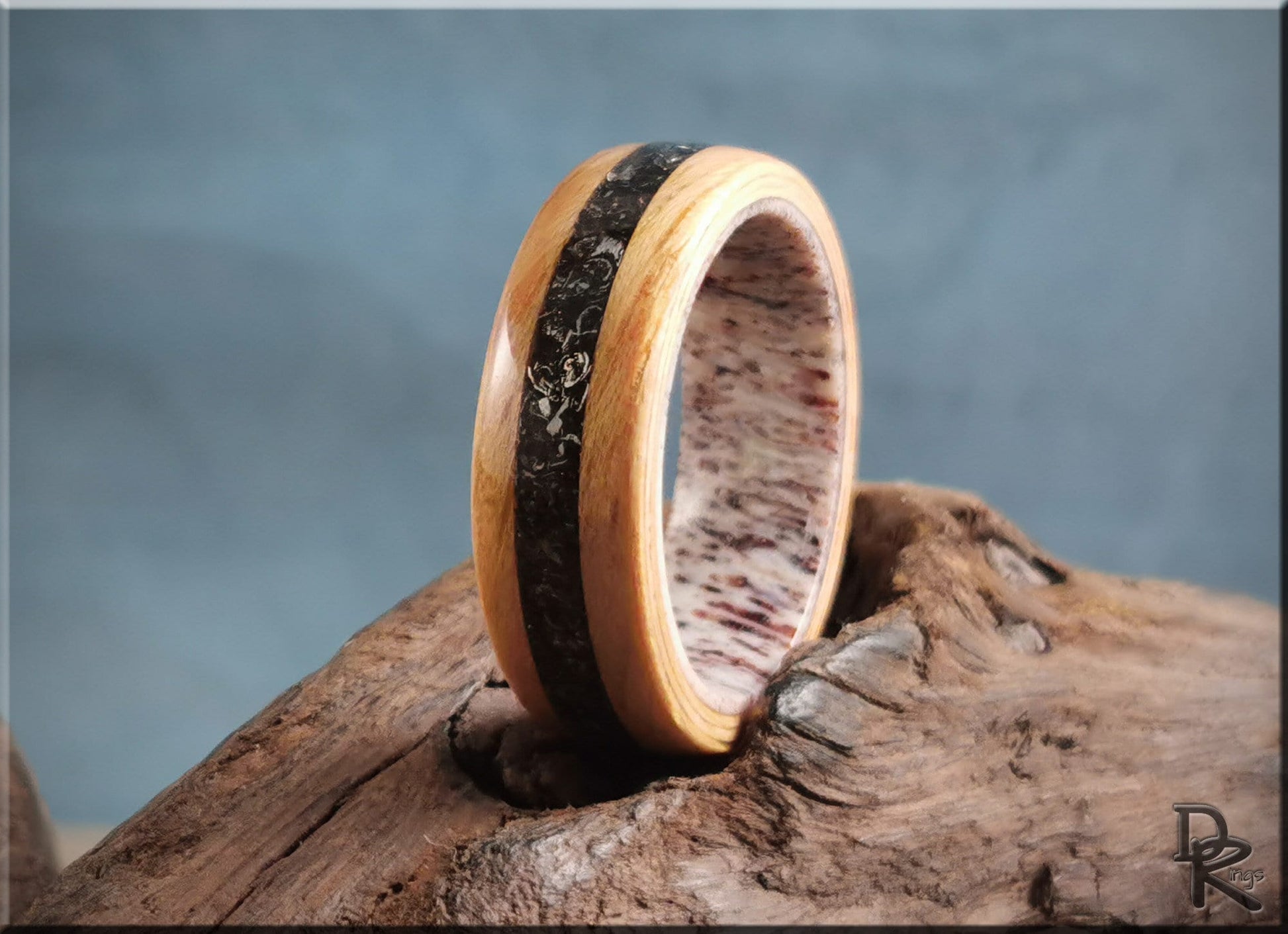 Bentwood Ring - Hickory w/Glorieta Mountain Meteorite inlay on Deer Antler ring core - wood ring