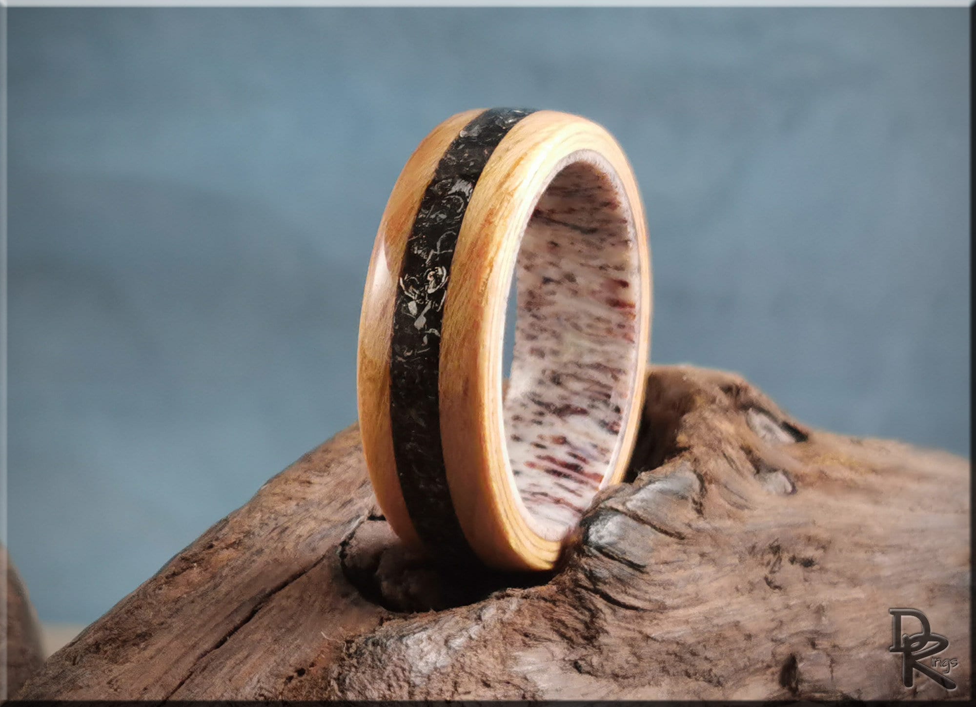 Bentwood Ring - Hickory w/Glorieta Mountain Meteorite inlay on Deer Antler ring core - wood ring