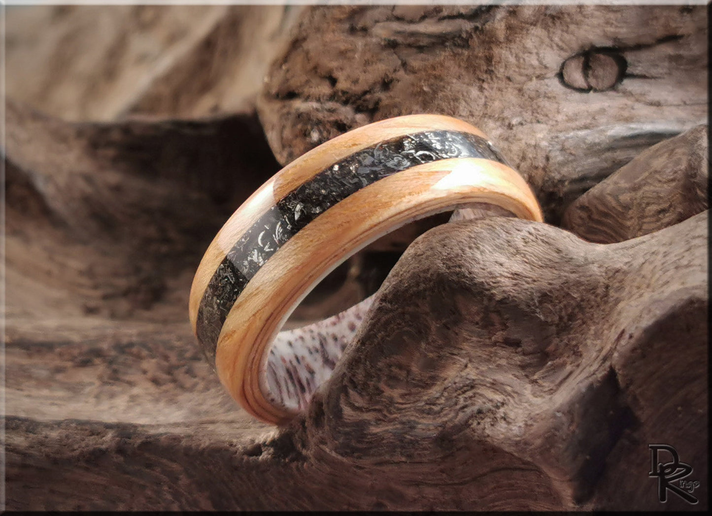 Bentwood Ring - Hickory w/Glorieta Mountain Meteorite inlay on Deer Antler ring core - wood ring