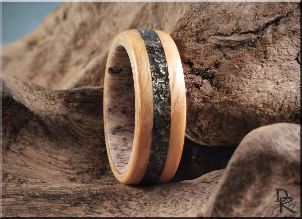 Bentwood Ring - Hickory w/Glorieta Mountain Meteorite inlay on Deer Antler ring core - wood ring
